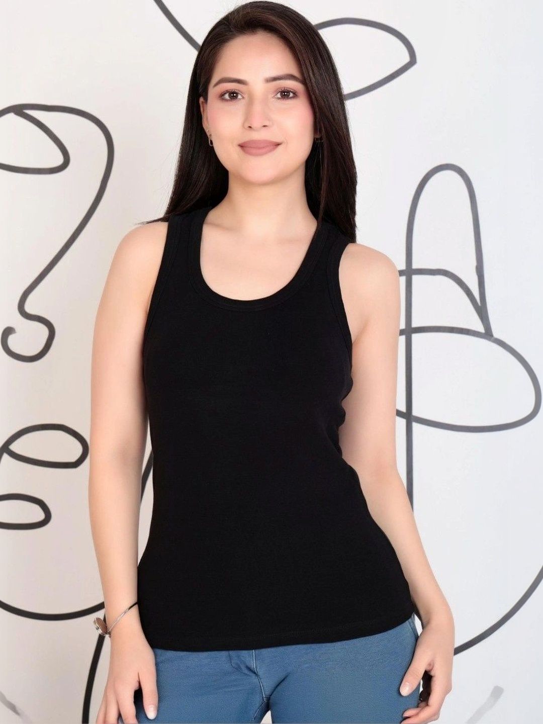 Mlada Women Ribbed Round Neck Relaxed Fit Sleeveless Cotton Tank Top