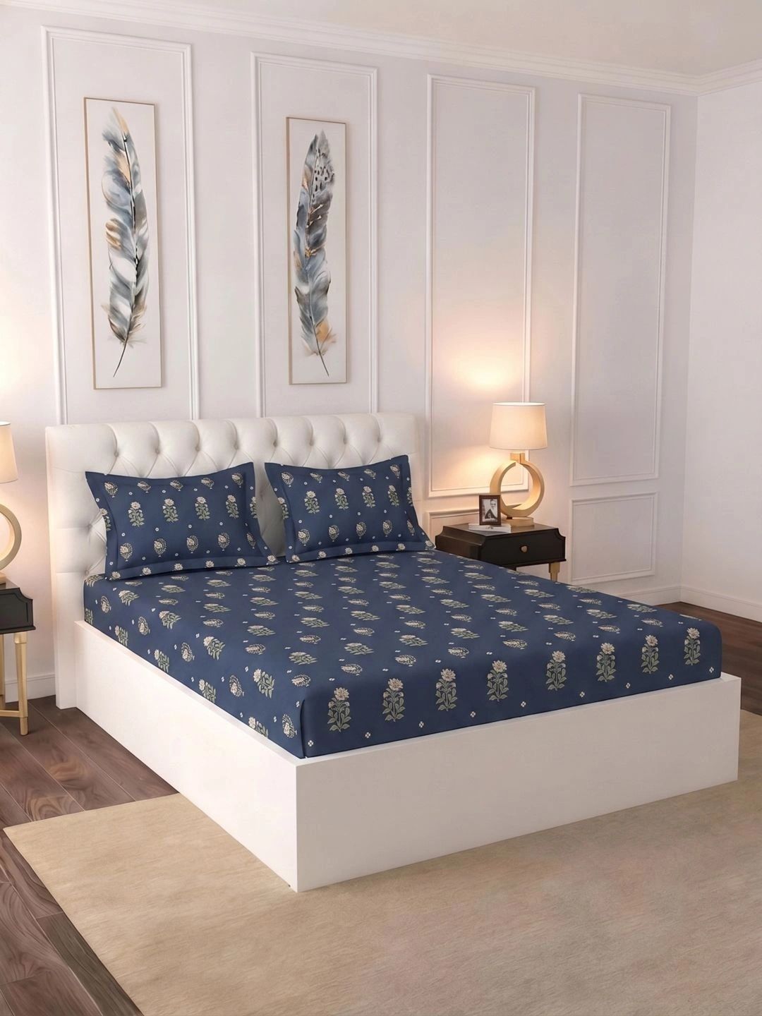 Raymond Home Navy Blue Ethnic Motifs Queen Bedsheet with 2 Pillow Covers