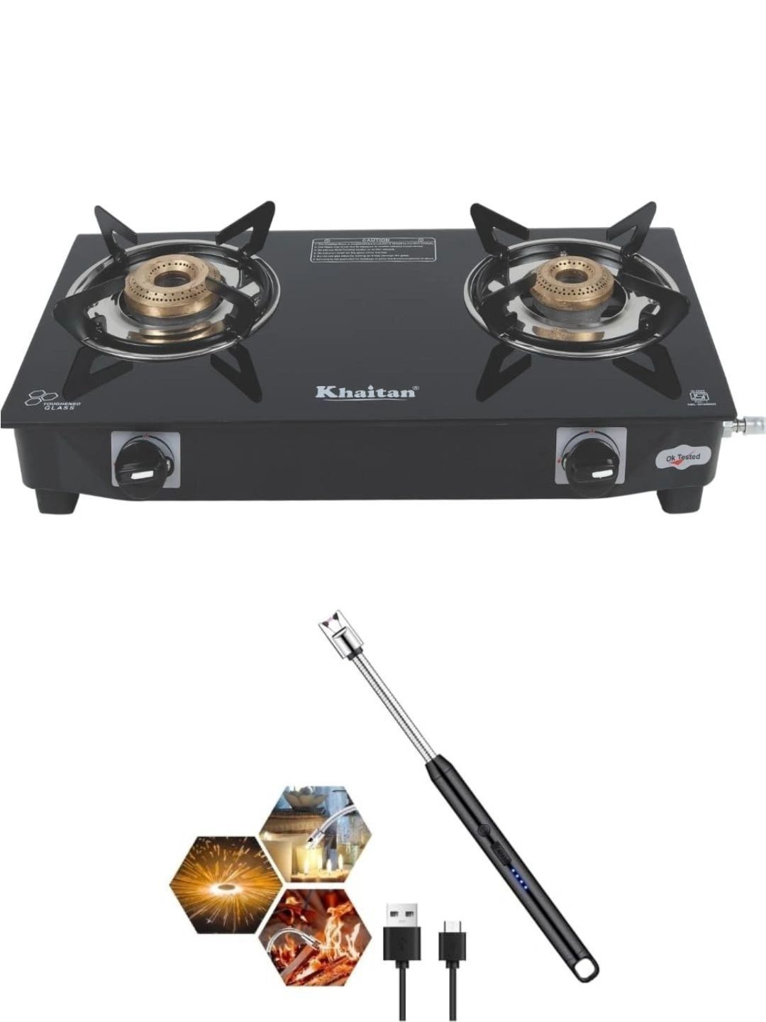 Khaitan 2 Burner BP Nano MS Black Glass Manual Gas Stove