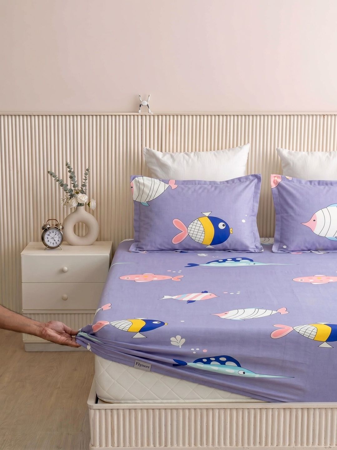 Filymore Purple Cartoon Characters Bedsheet with 2 Pillow Covers