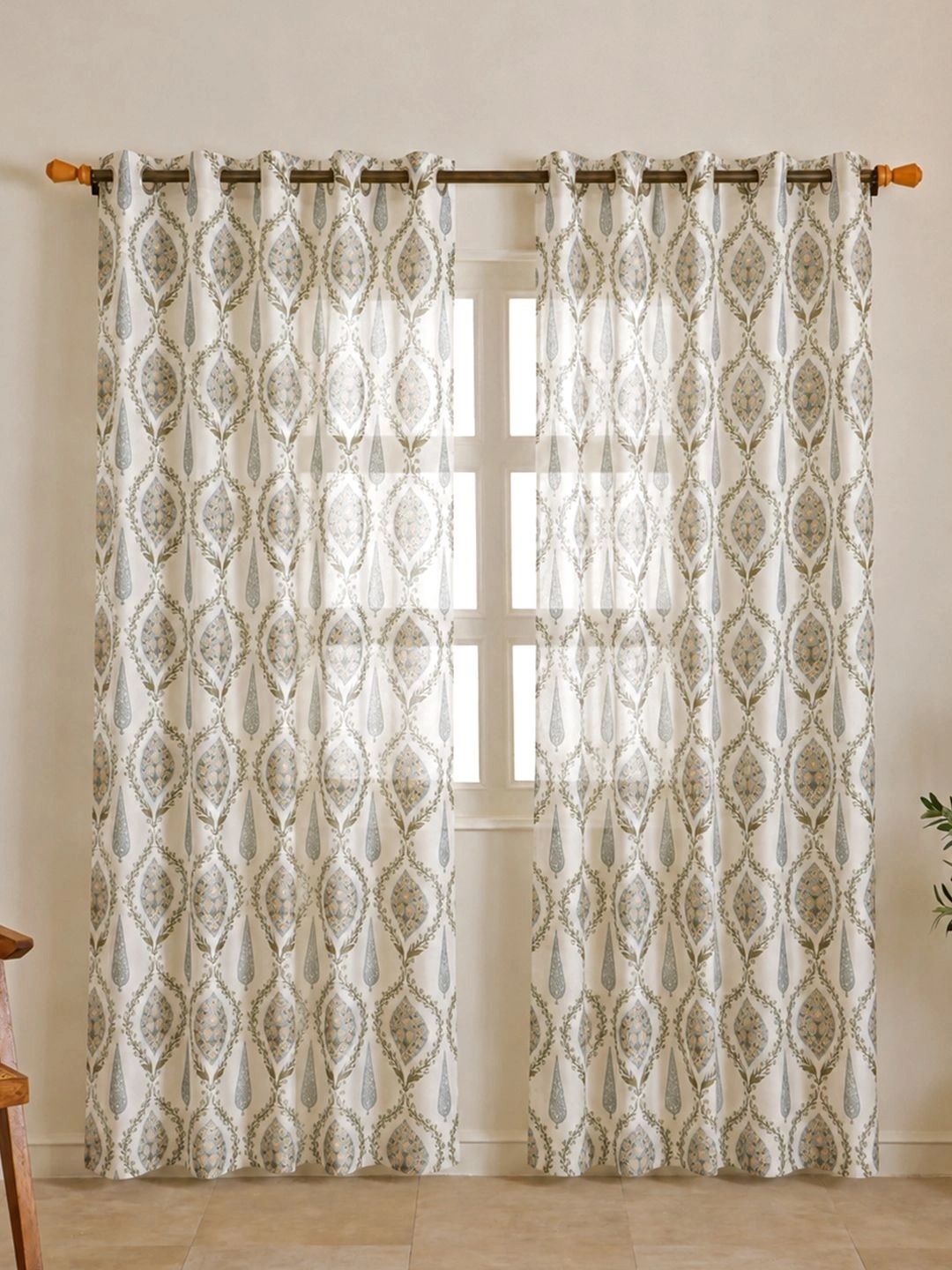 Aura Cream-Coloured & Grey Set of 2 Floral Sheer Long Door Curtain-picture-7