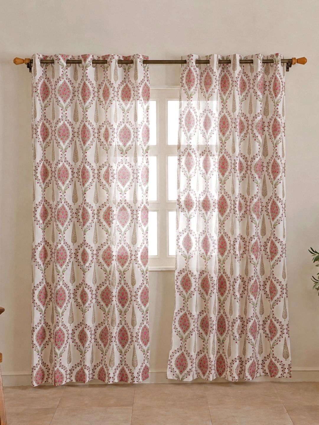 Aura Cream-Coloured & Pink Set of 2 Ethnic Motifs Sheer Door Curtain-picture-6