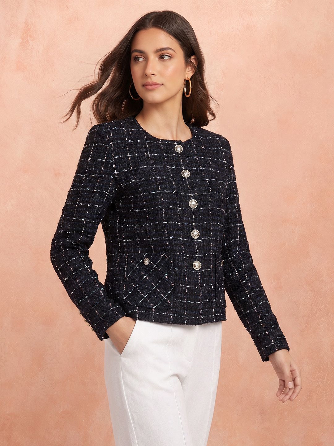 all about you Checked Cotton Collarless Single-Breasted Blazers-picture-5