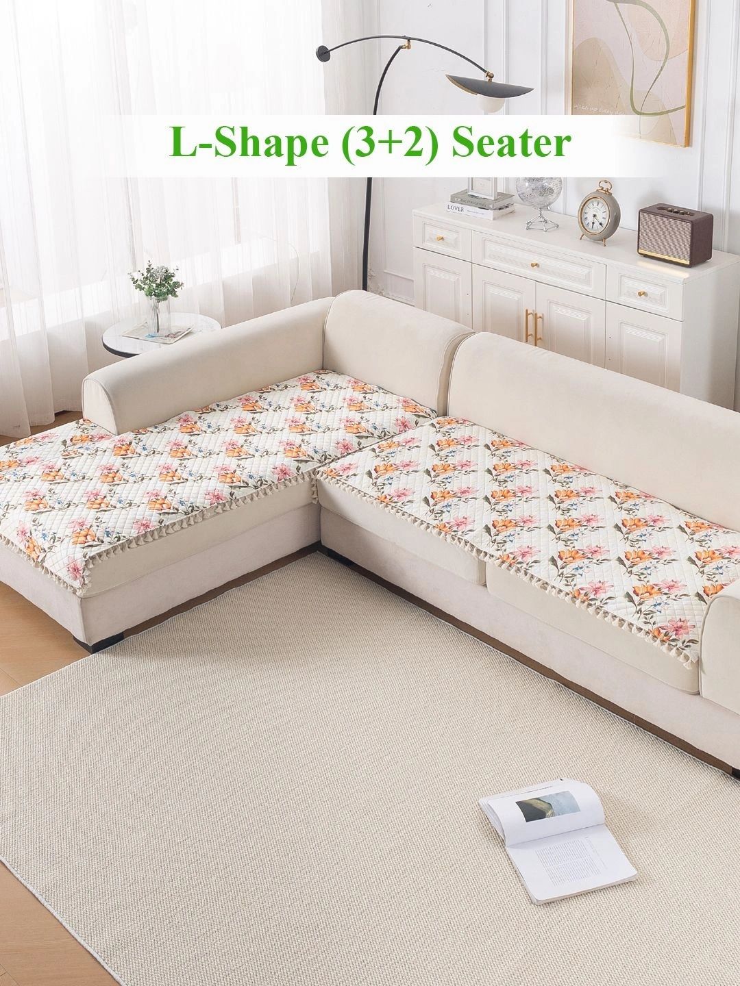 HOKIPO White & Pink Printed 5 Seater L Shape Sofa Seat Mat with Tassel-picture-35