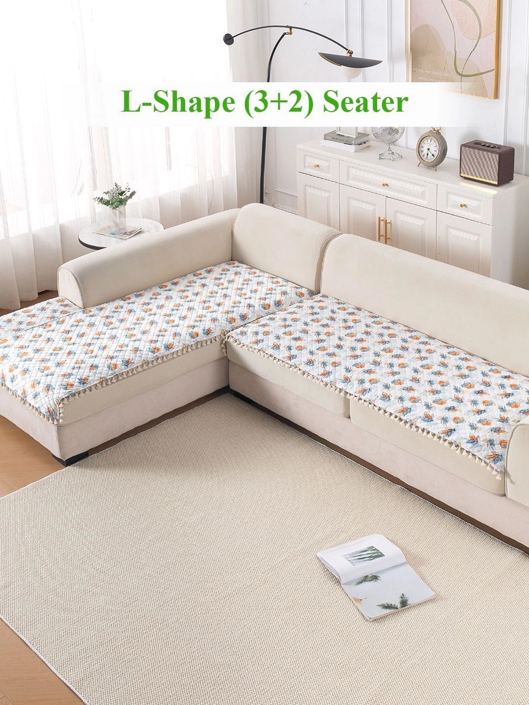 HOKIPO Blue & Orange Printed 5 Seater L Shape Sofa Seat Mat with Tassel-picture-34