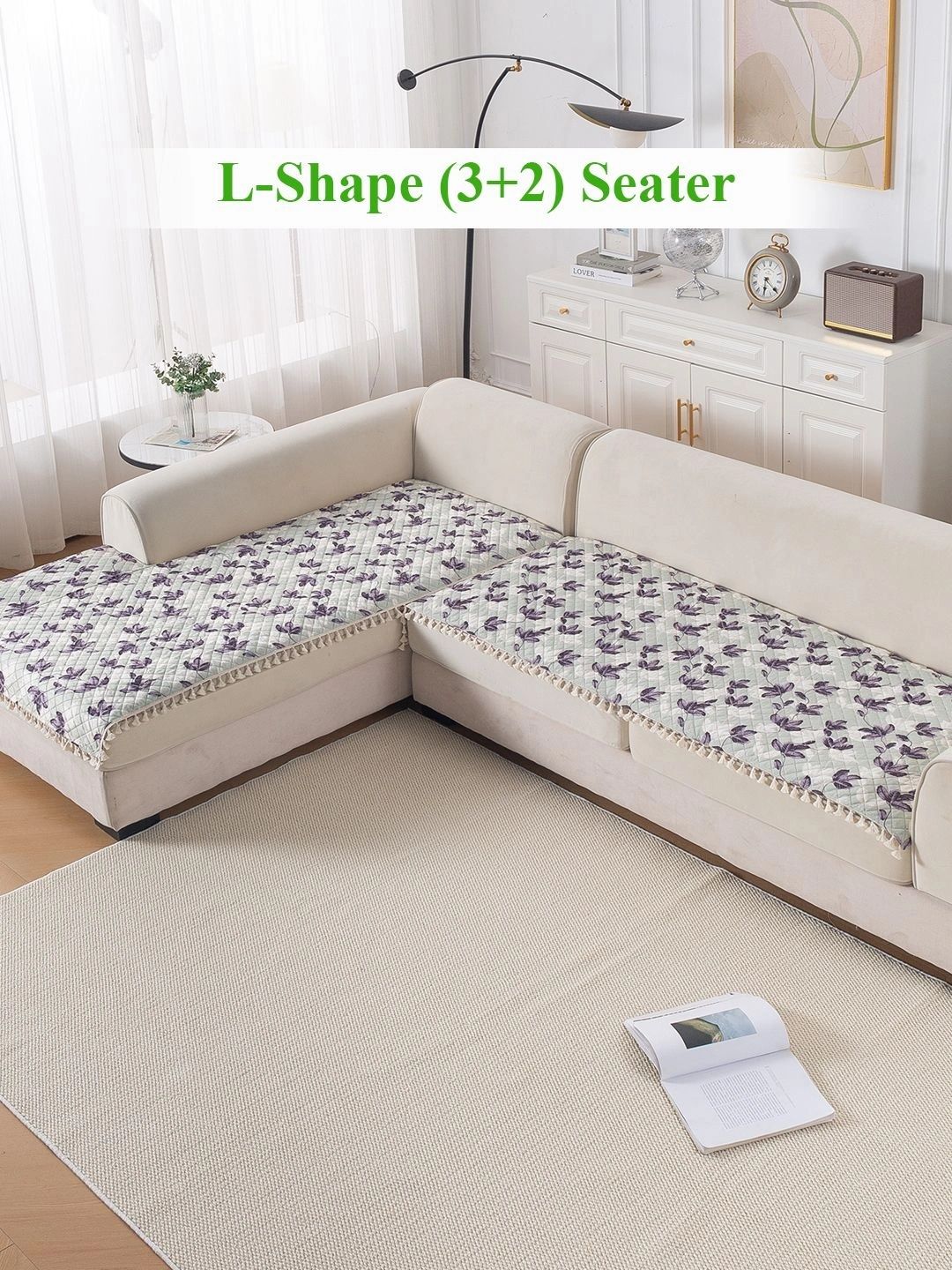 HOKIPO Purple Printed 5 Seater L Shape Sofa Seat Mat with Tassel-picture-33