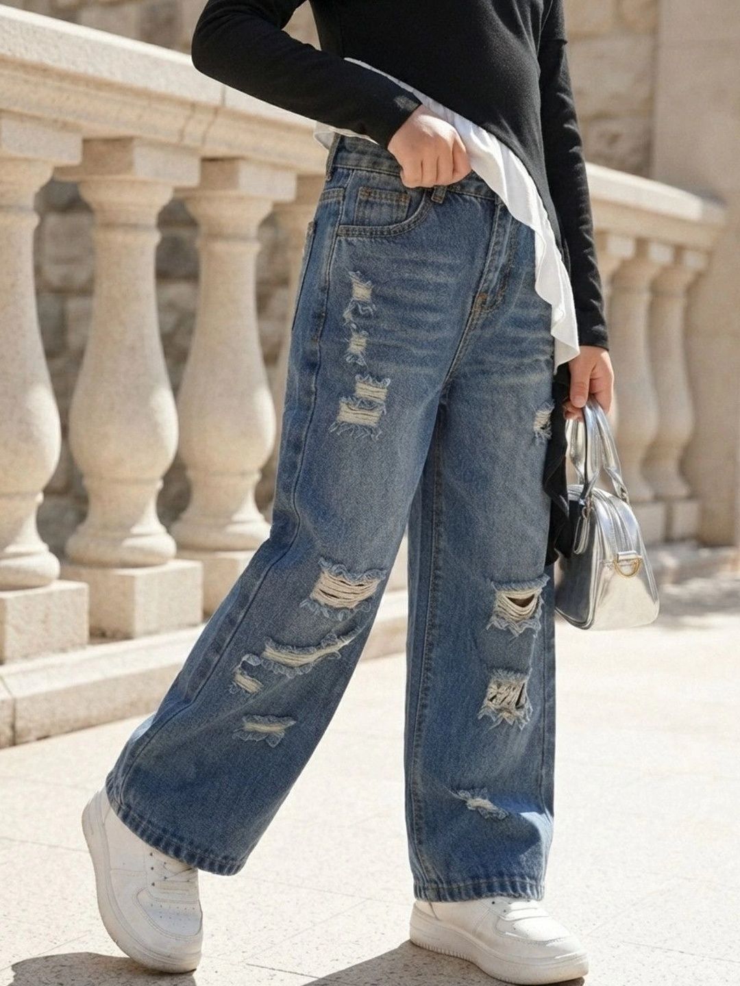 YK YK Girls Regular Fit Mid-Rise Highly Distressed Light Fade Jeans