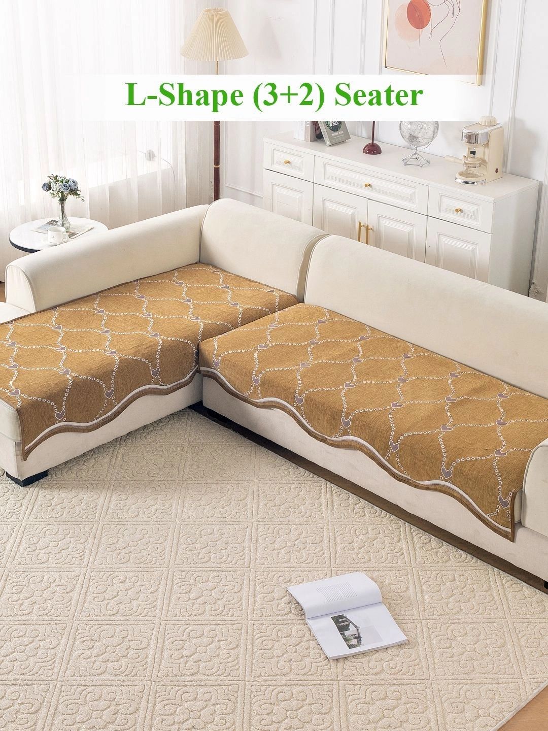 HOKIPO Brown Printed Chenille 5 Seater L Shape Sofa Mat-picture-36