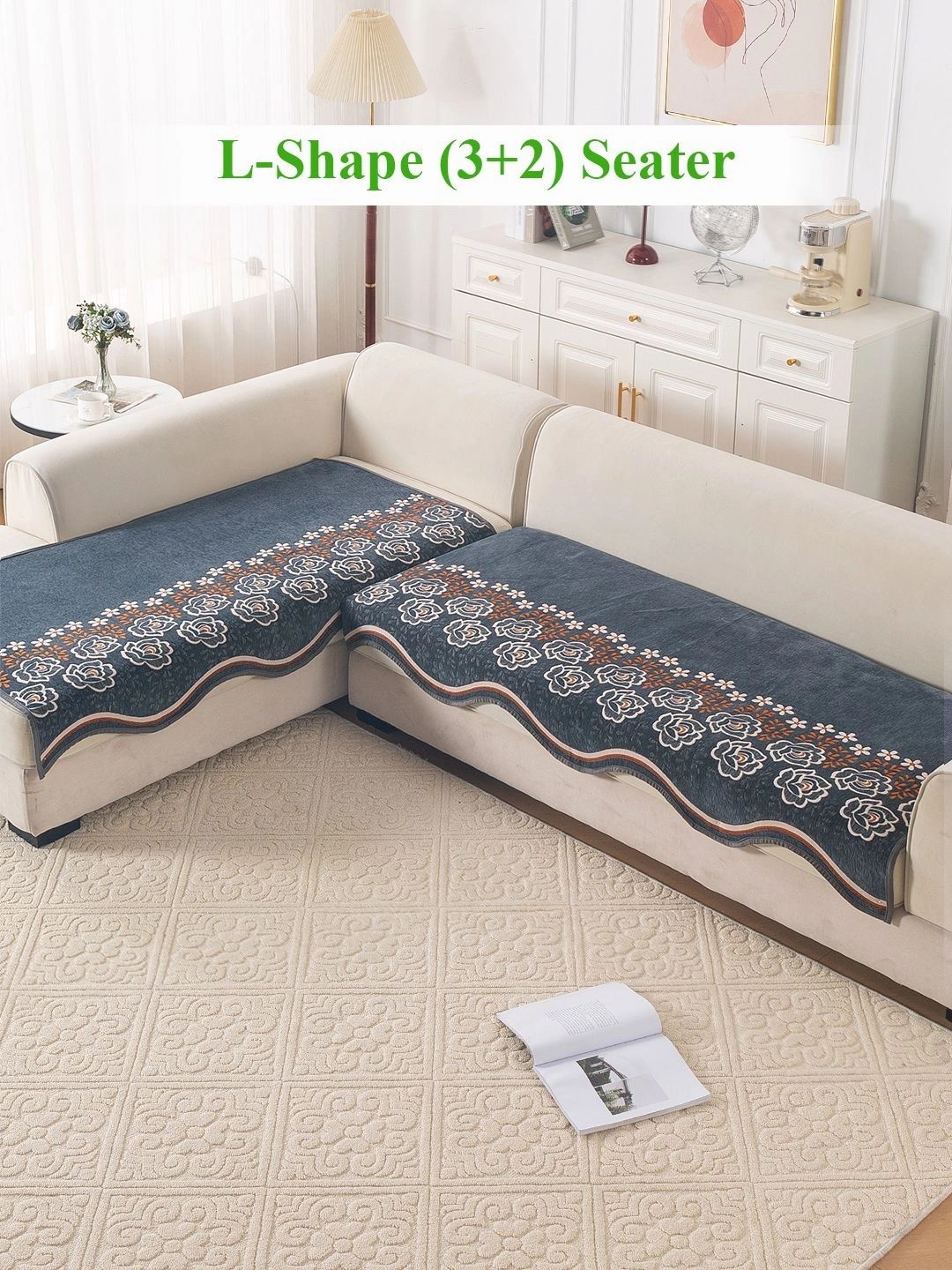 HOKIPO Blue & White Printed Chenille 5 Seater L Shape Sofa Mat-picture-37