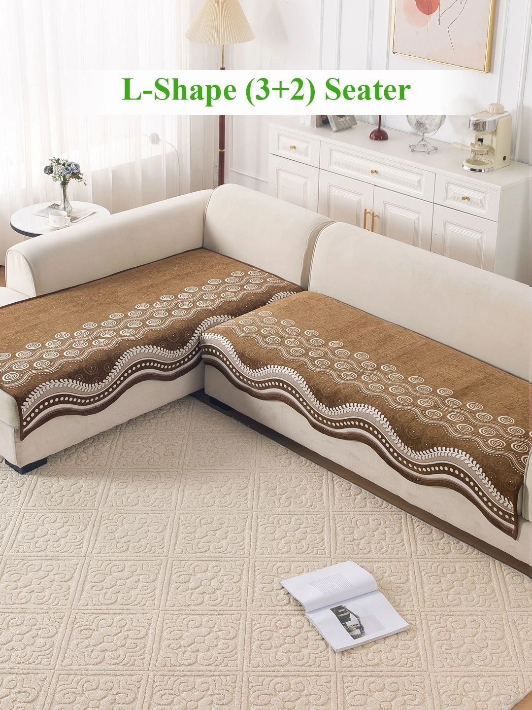 HOKIPO Brown & White Printed Chenille 5 Seater L Shape Sofa Mat-picture-38