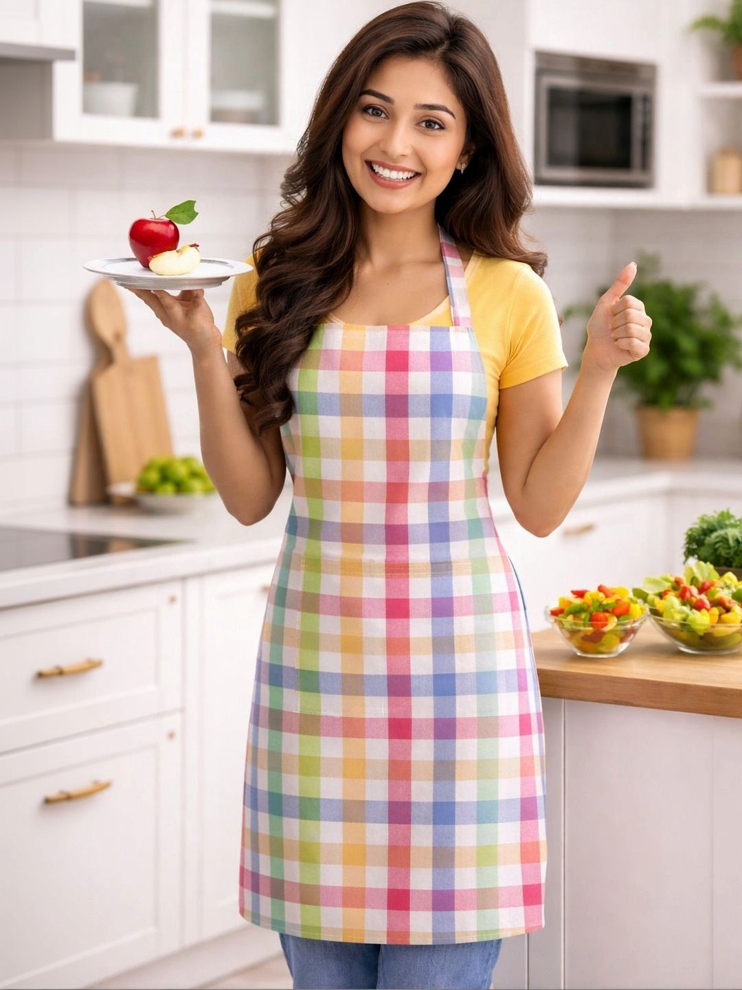 qmato pink & white checked apron with pocket