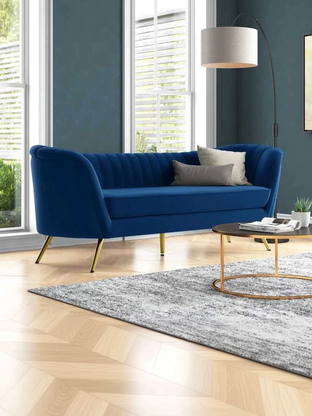 INDIAWOODMART Teal Fabric Wooden 3-Seater Sofa-picture-4
