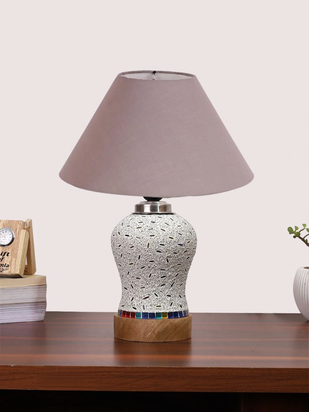 Myntra Elegant Homes Grey Textured Glass Traditional Frusturical Shaped Table Lamp-picture-23
