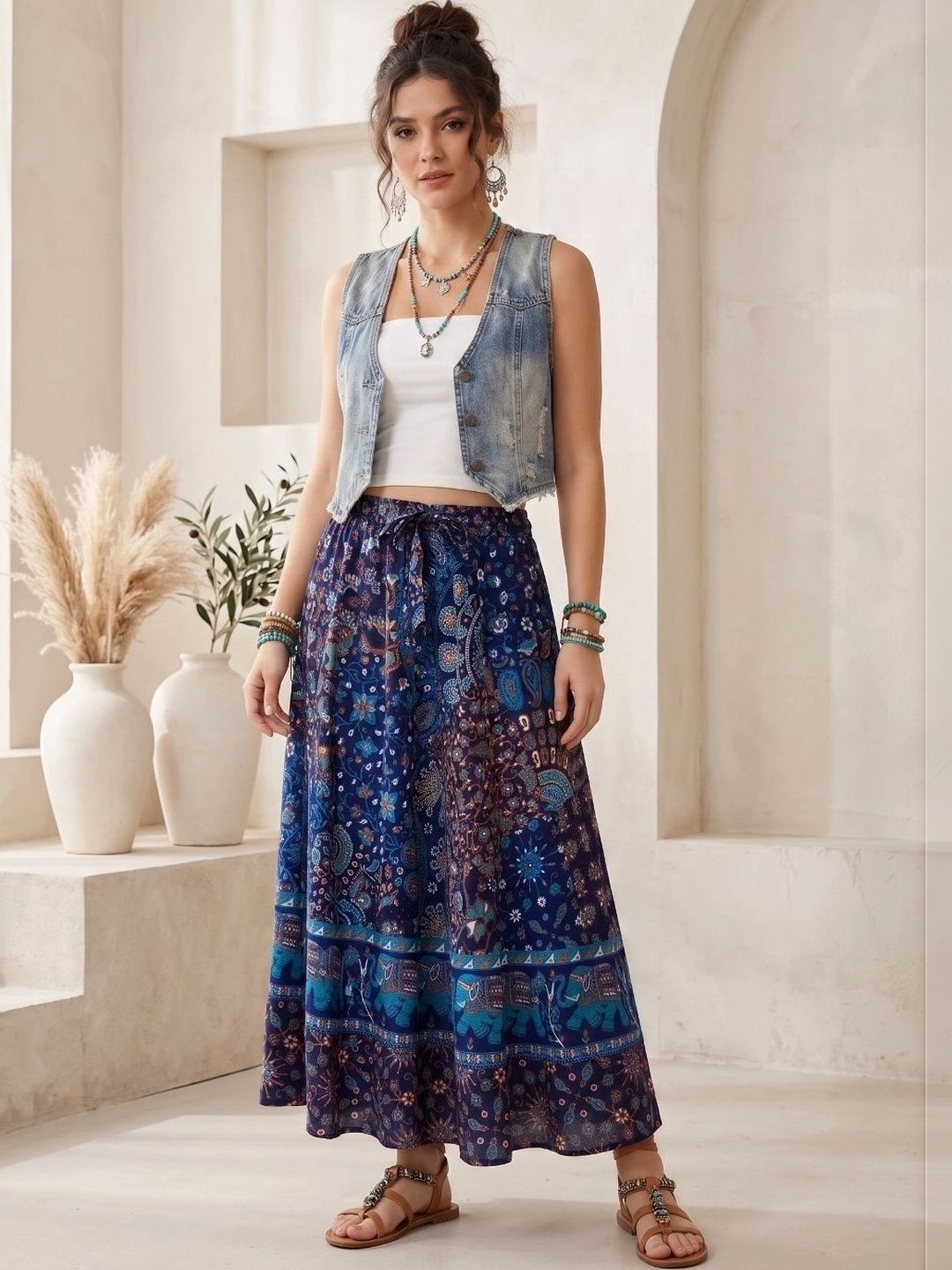 Boholyfe Women Pure Cotton Colourblocked Bohemian Maxi A-Line Skirt-picture-15