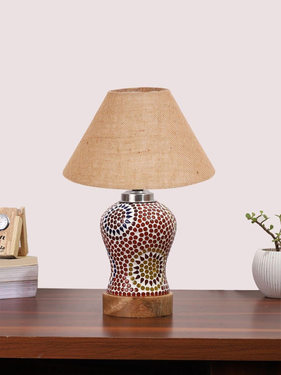 Myntra Elegant Homes Beige Textured Glass Traditional Abstract Shaped Table Lamp-image-45