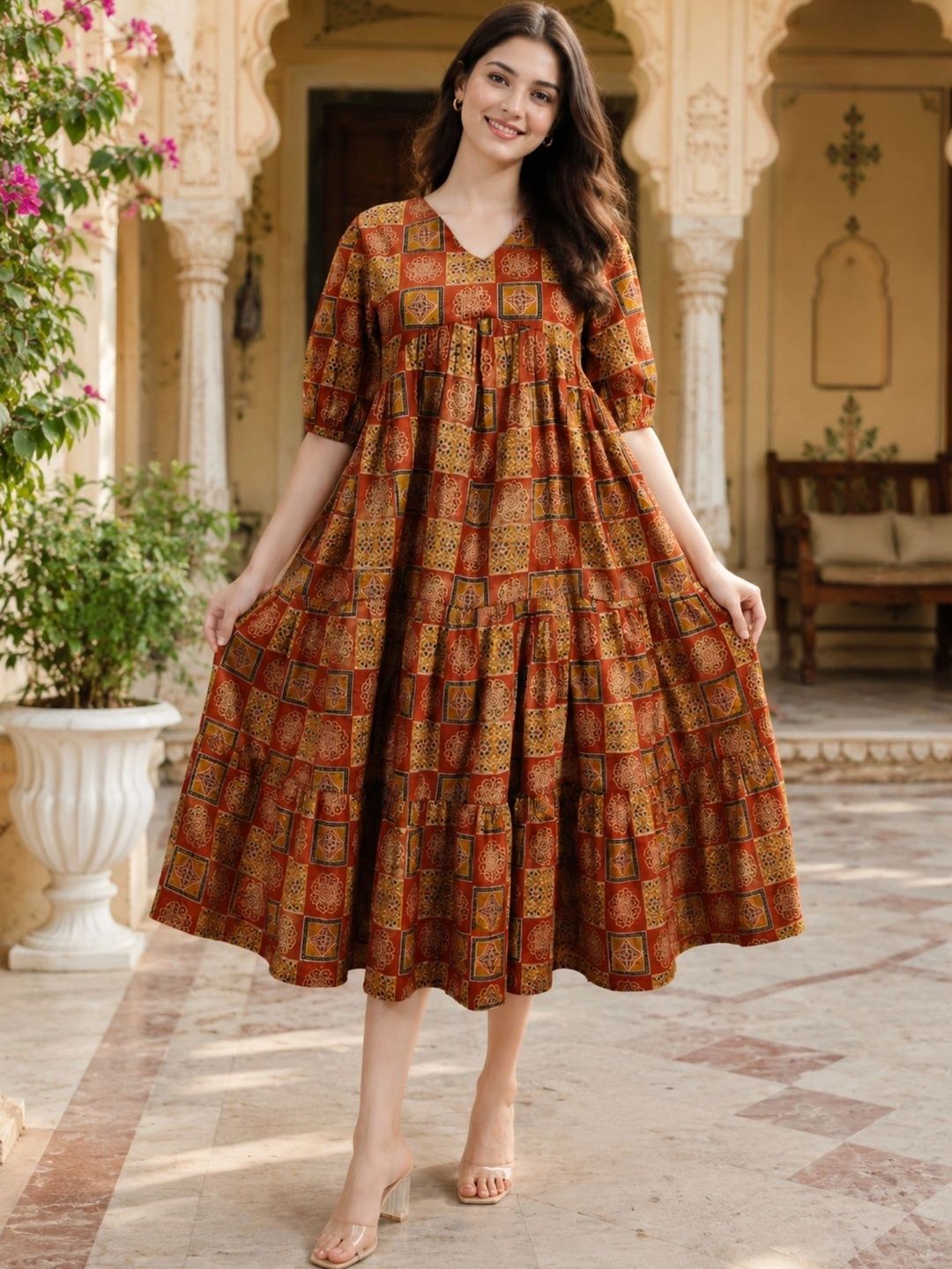 KALINI Ethnic Motifs Print A-Line Midi Dress-picture-10