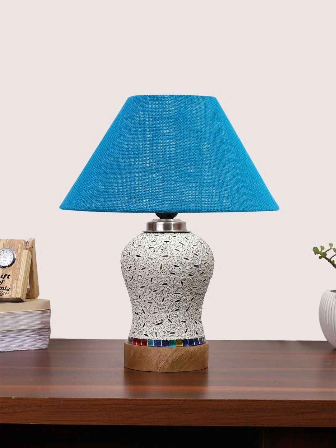 Myntra Elegant Homes Turquoise Blue Textured Glass Traditional Frusturical Shaped Table Lamp-picture-34