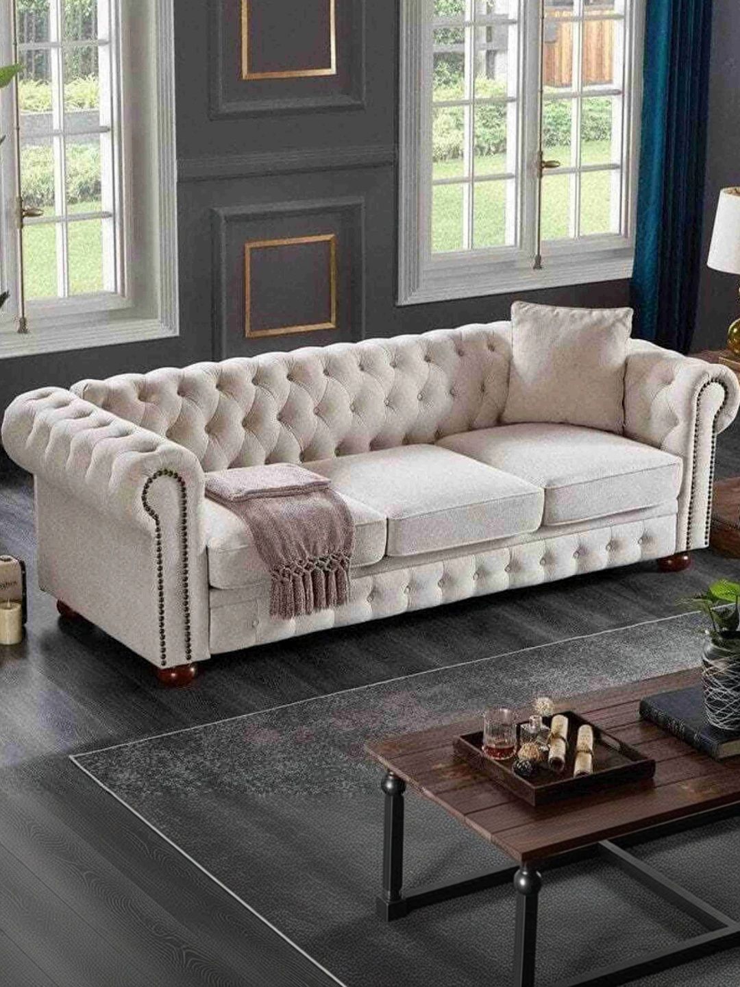 INDIAWOODMART White Fabric Wooden 3-Seater Sofa-picture-5