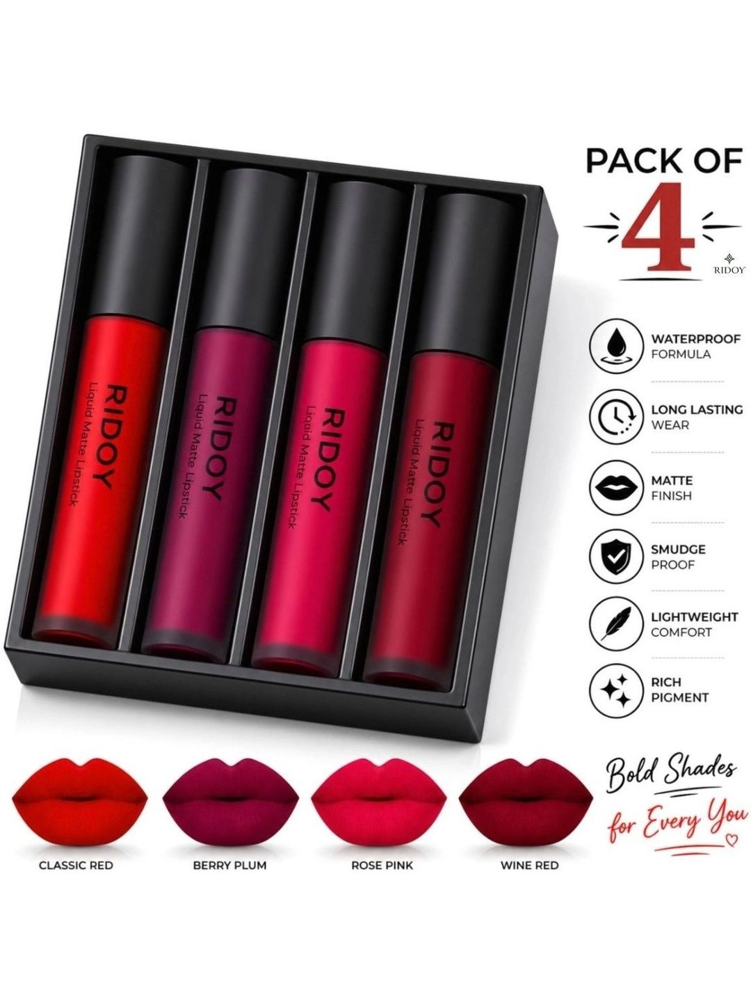 ridoy Set Of 4 Matte Lipstick -3 ml Each - Classic Red - Berry Plum - Rose Pink - Wine Red-image-38