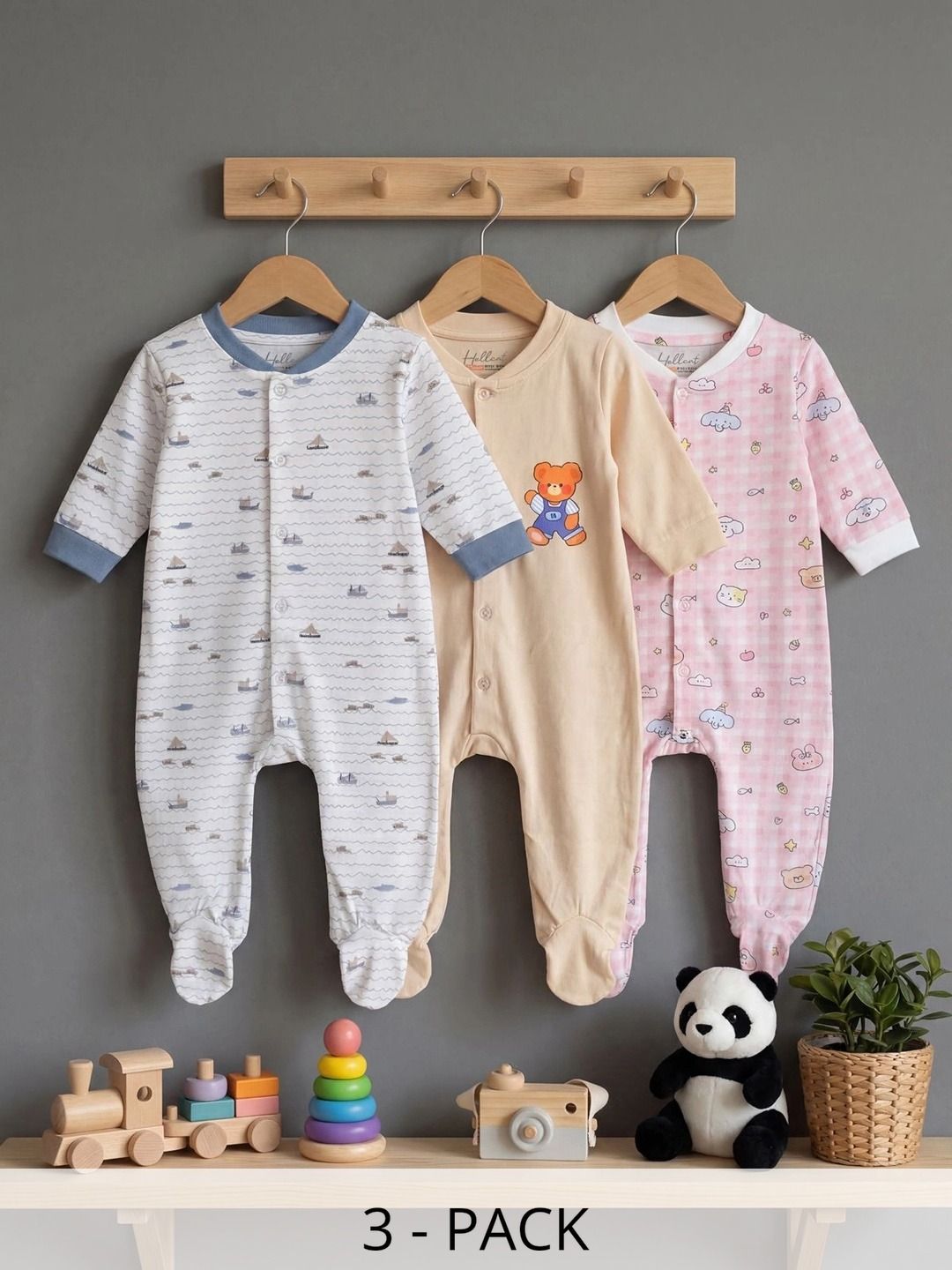 HELLCAT Infants Boys Pack Of 3 Printed Cotton Sleepsuit-picture-10