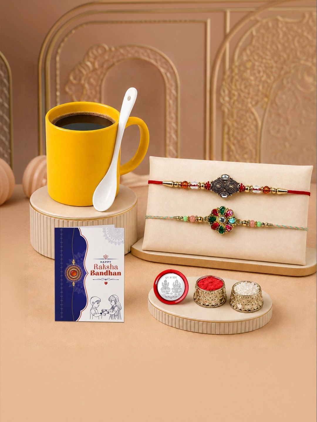 Myntra Elegant Homes 2-Pcs Rakhi With Mug Spoon Silver Coin Greeting Card & Roli Chawal-picture-46
