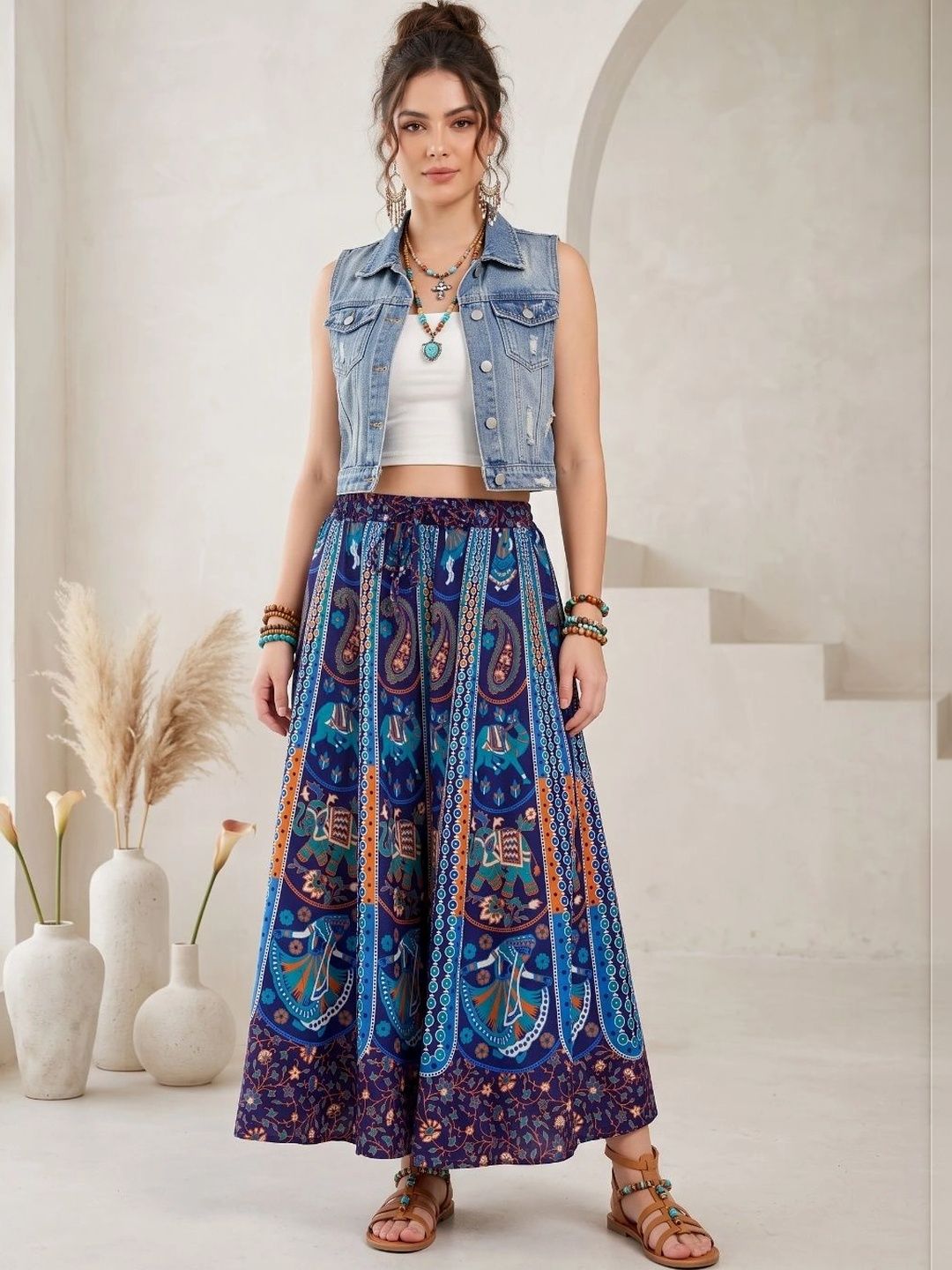 Boholyfe Women Pure Cotton Colourblocked Bohemian Maxi A-Line Skirt-picture-12