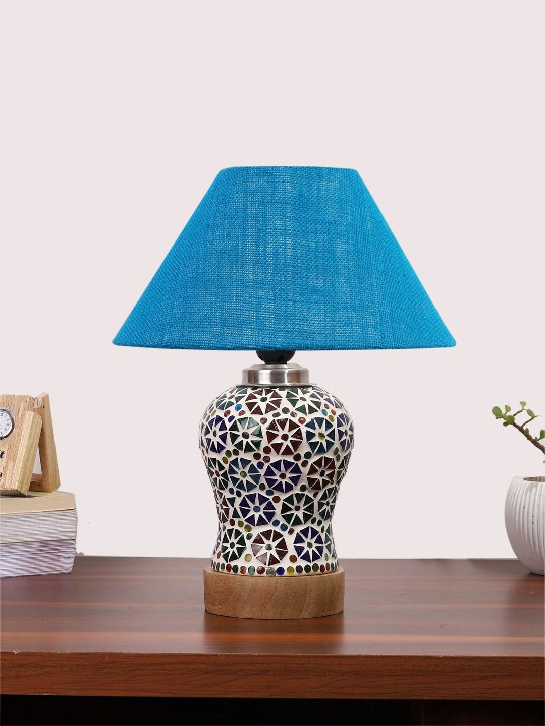 Myntra Elegant Homes Turquoise Blue Textured Glass Traditional Frusturical Shaped Table Lamp-picture-29