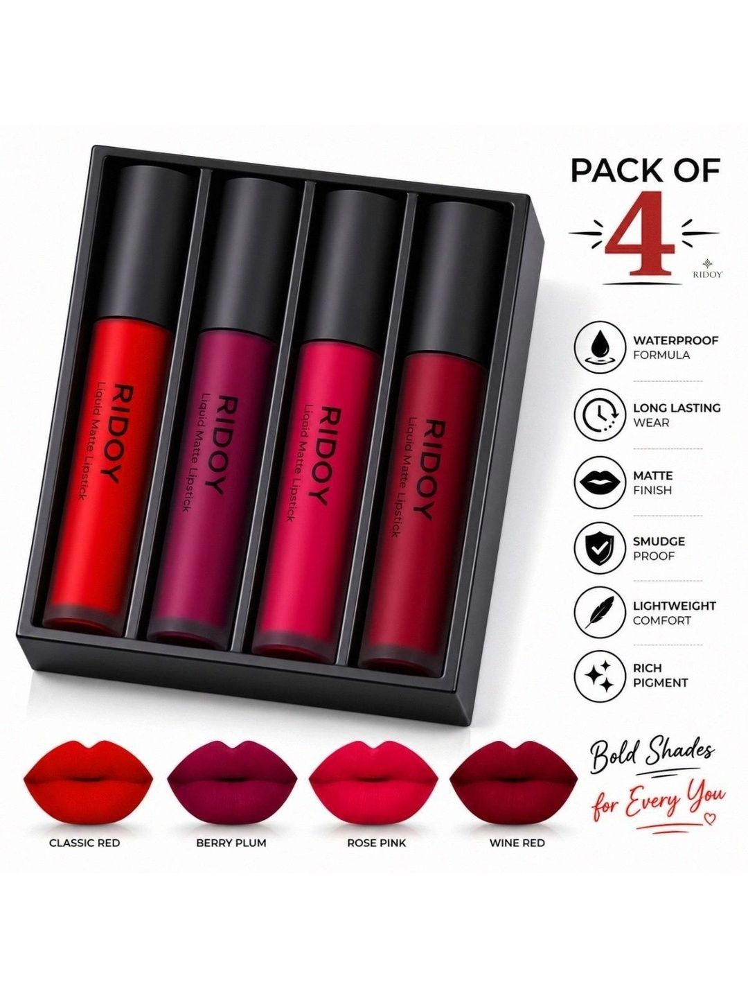 ridoy Set Of 4 Matte Lipstick -3 ml Each - Classic Red - Berry Plum - Rose Pink - Wine Red-picture-53