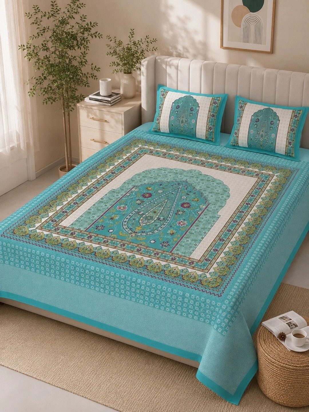 SWITCHON Sea Green & White Ethnic Motifs 300 TC Bedsheet with 2 Pillow Covers-picture-10