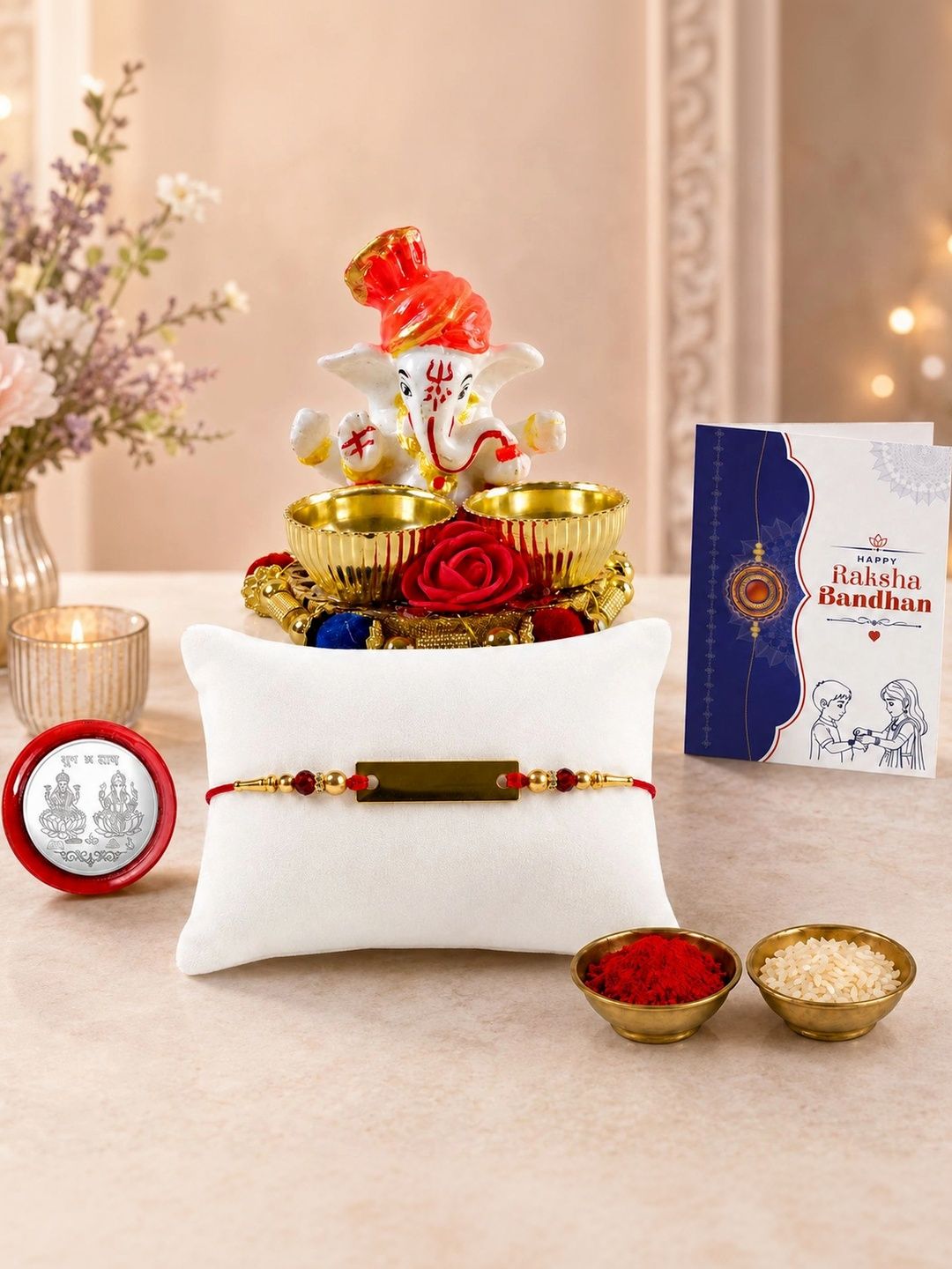 Myntra Elegant Homes Rakhi With Greeting Card Ganesh Idol Silver Coin & Roli Chawal-image-39