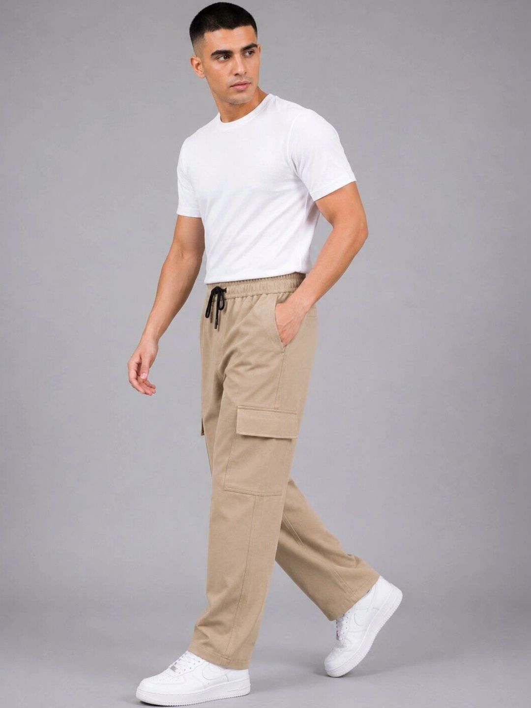 FIRST STITCH Men Relaxed Easy Wash Cargos Trousers-picture-17