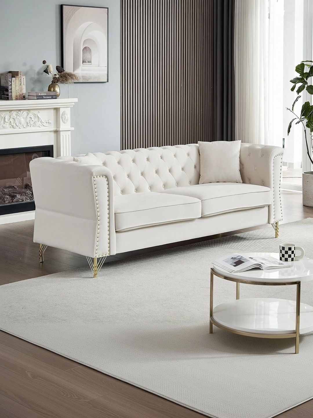 INDIAWOODMART Beige Fabric Wooden 3-Seater Sofa-picture-36