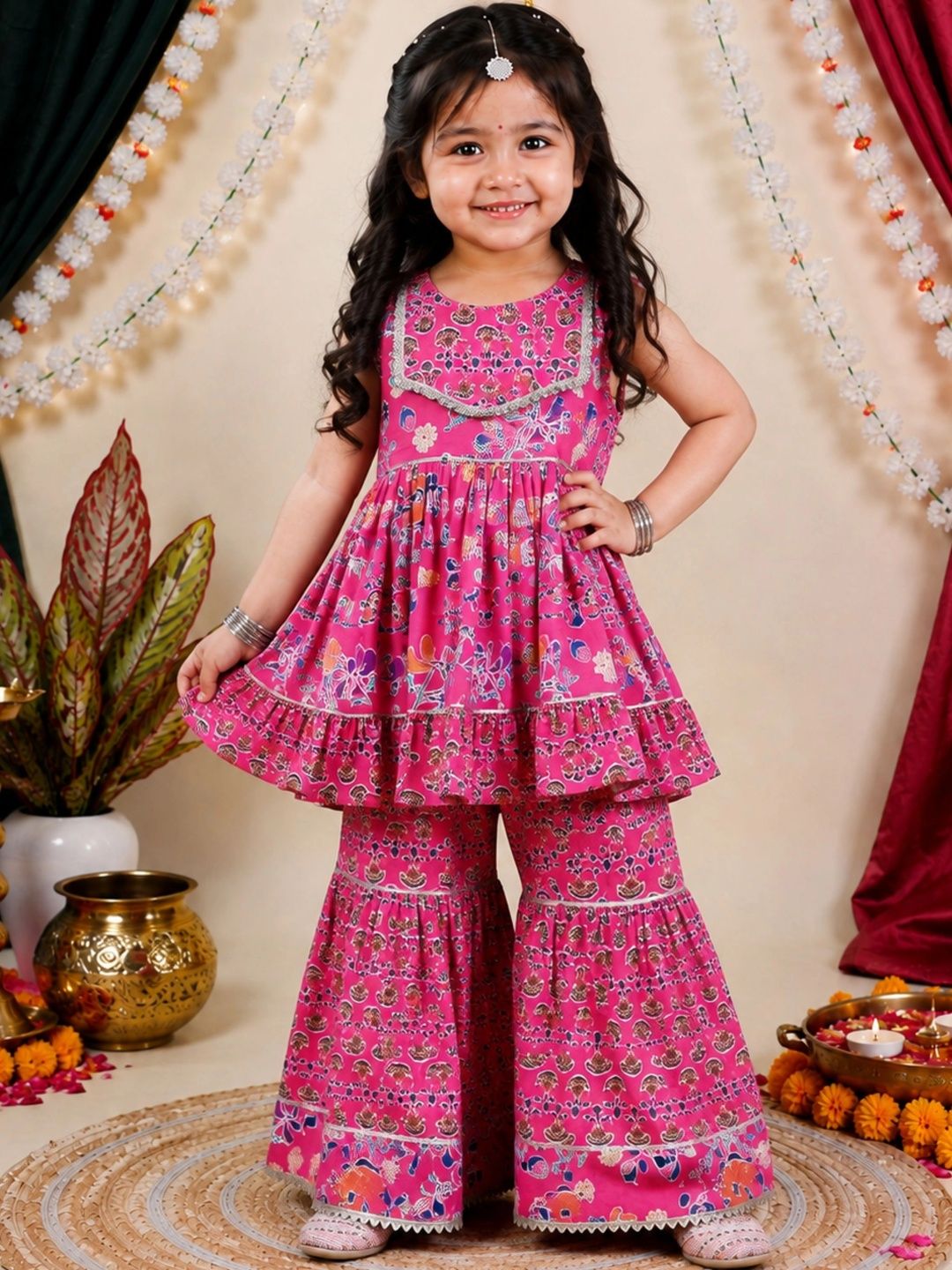 Titrit Girls Ethnic Motifs Printed Regular Pure Cotton Kurti with Sharara-picture-13