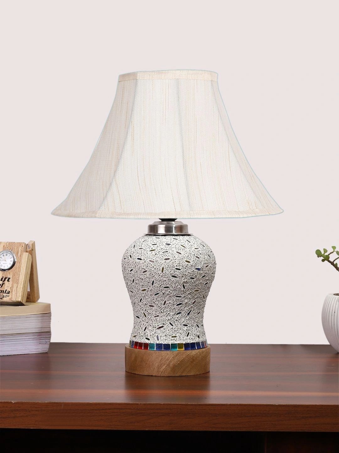 Myntra Elegant Homes Off White Textured Glass Traditional Frusturical Shaped Table Lamp-picture-33