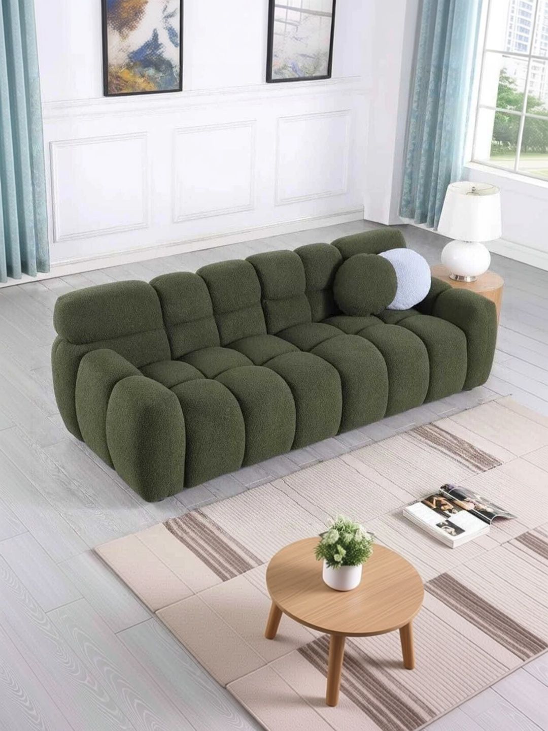 INDIAWOODMART Green Fabric Wooden 3-Seater Sofa-picture-32