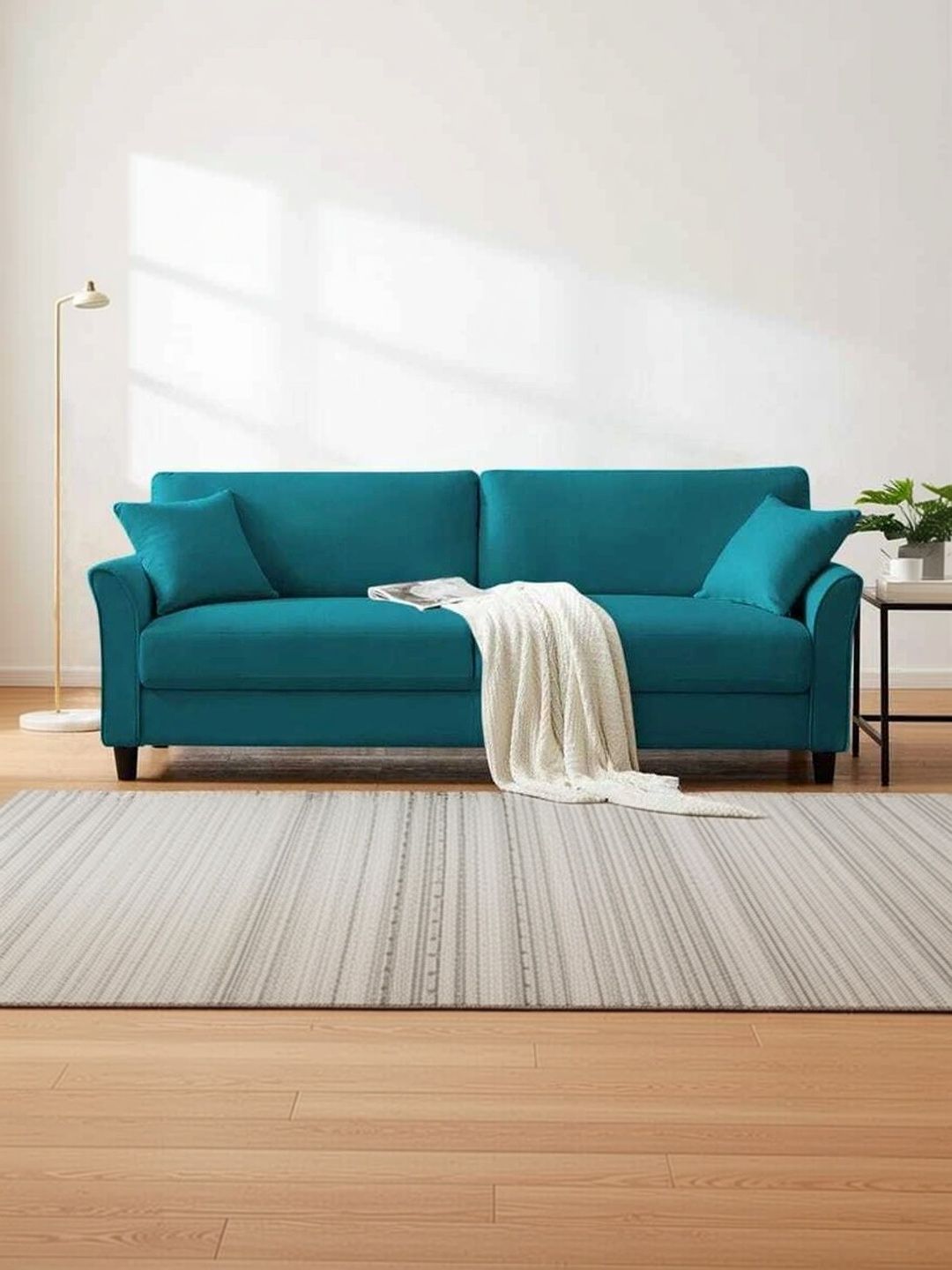 INDIAWOODMART Blue 3-seater Straight Wooden Sofa-picture-33