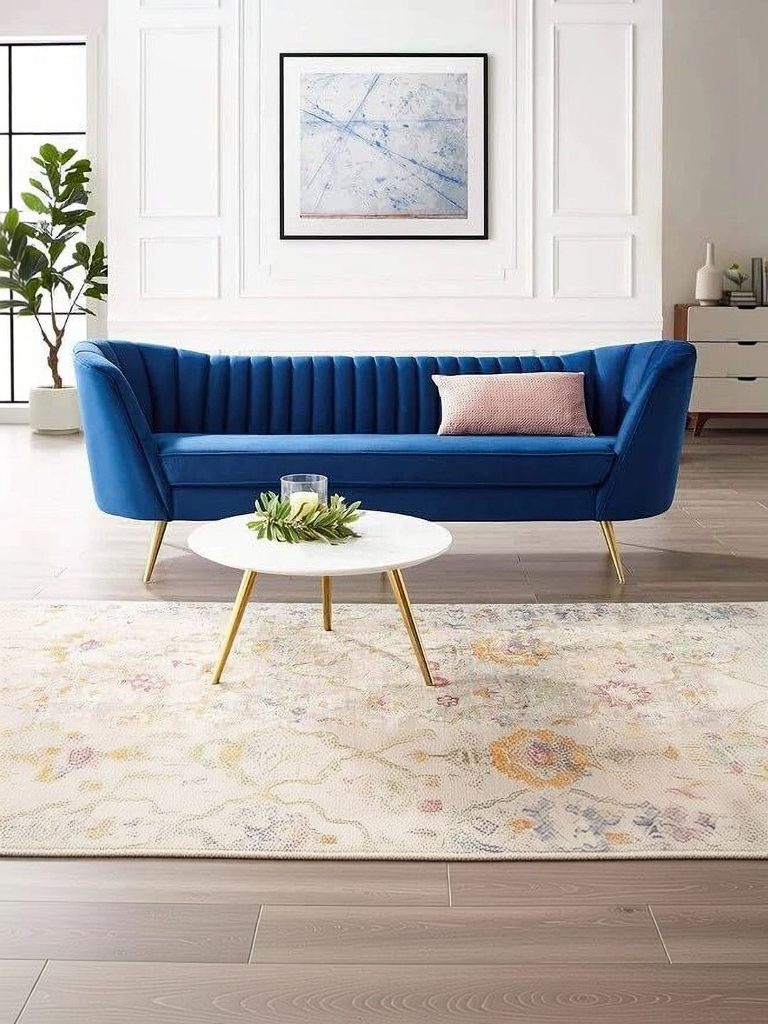 INDIAWOODMART Blue 3-seater Straight Wooden Sofa-picture-32