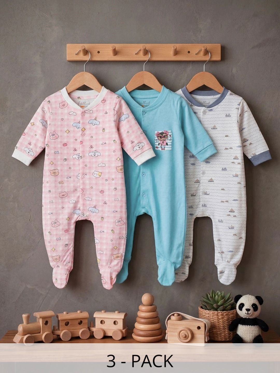 HELLCAT Infants Boys Pack Of 3 Printed Cotton Sleepsuit-picture-12