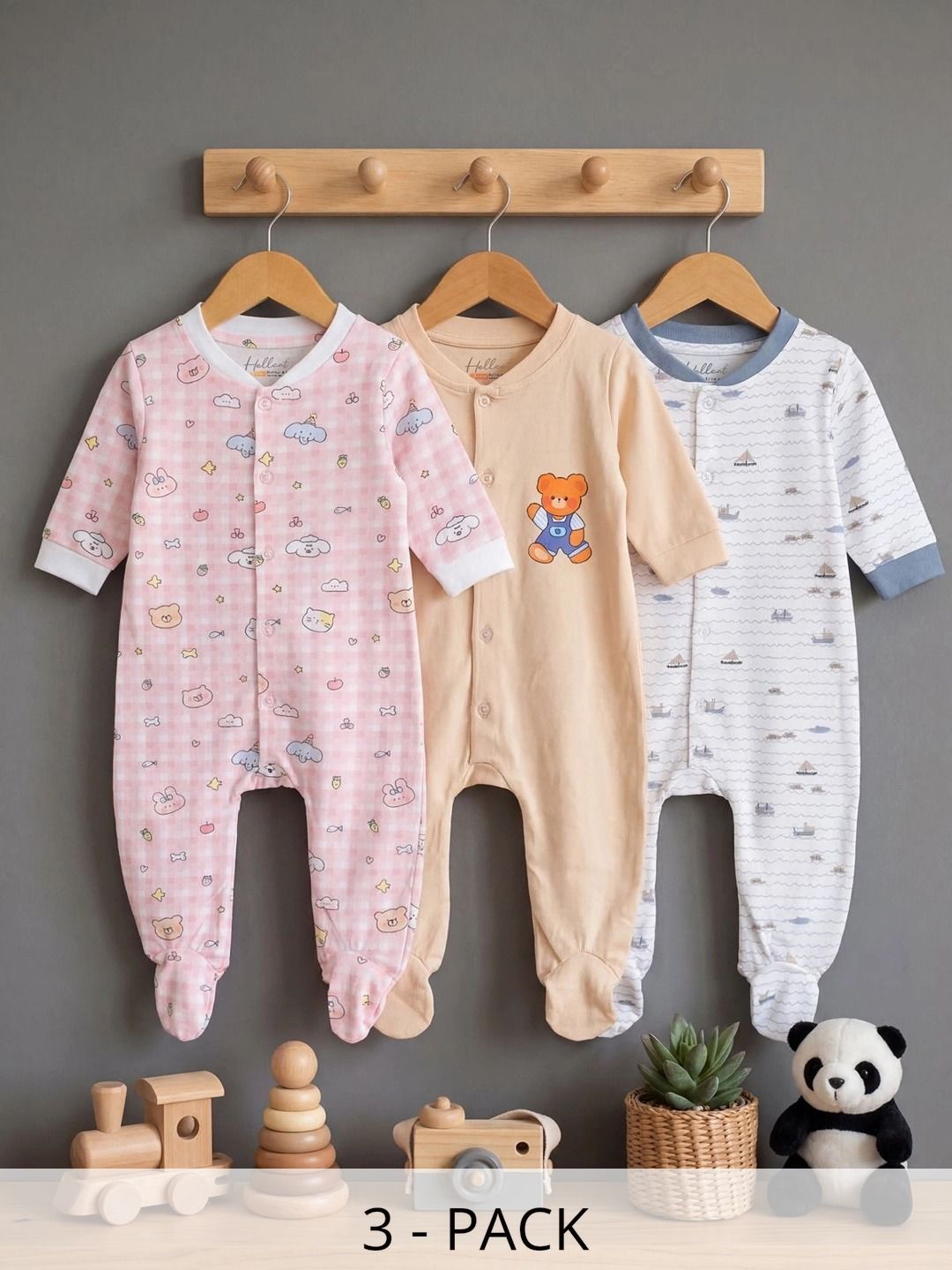 HELLCAT Infants Boys Pack Of 3 Printed Cotton Sleepsuit-image-38