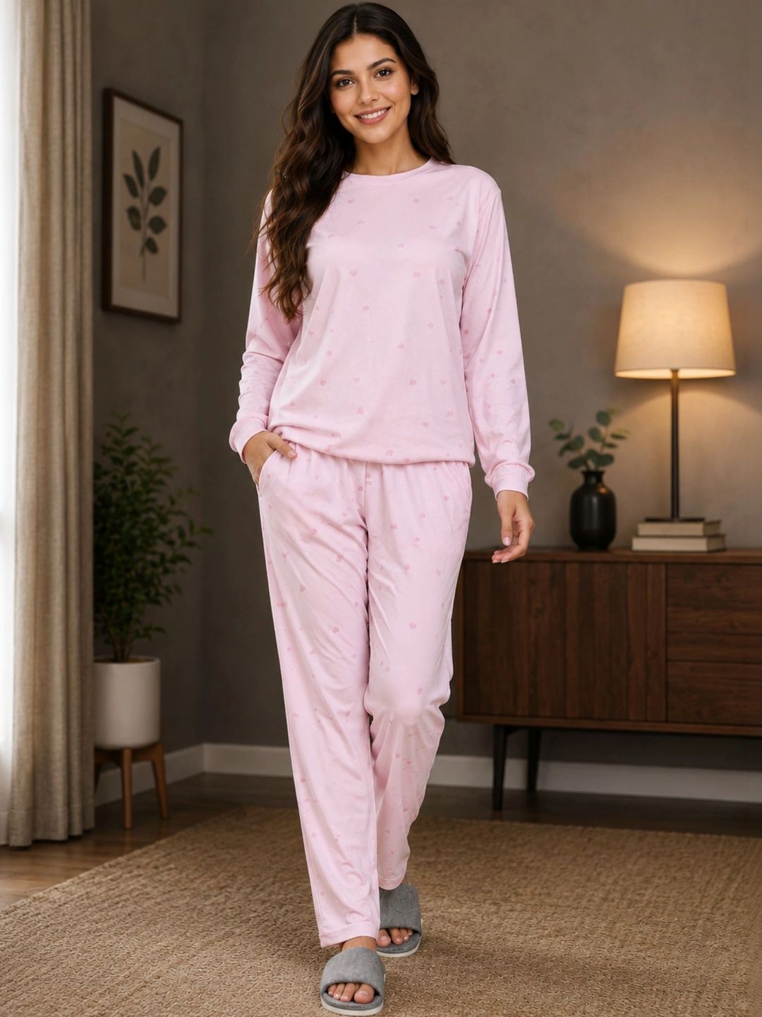 HAUTEMODA Printed Pure Wool Round Neck Night Suit-picture-34