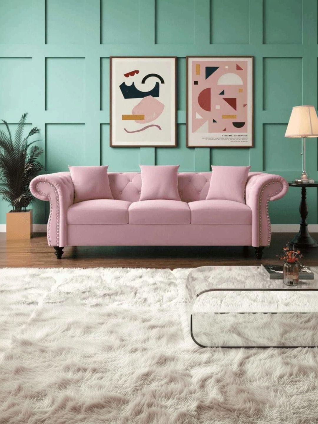 INDIAWOODMART Pink 3 Seater Sofa-image-25