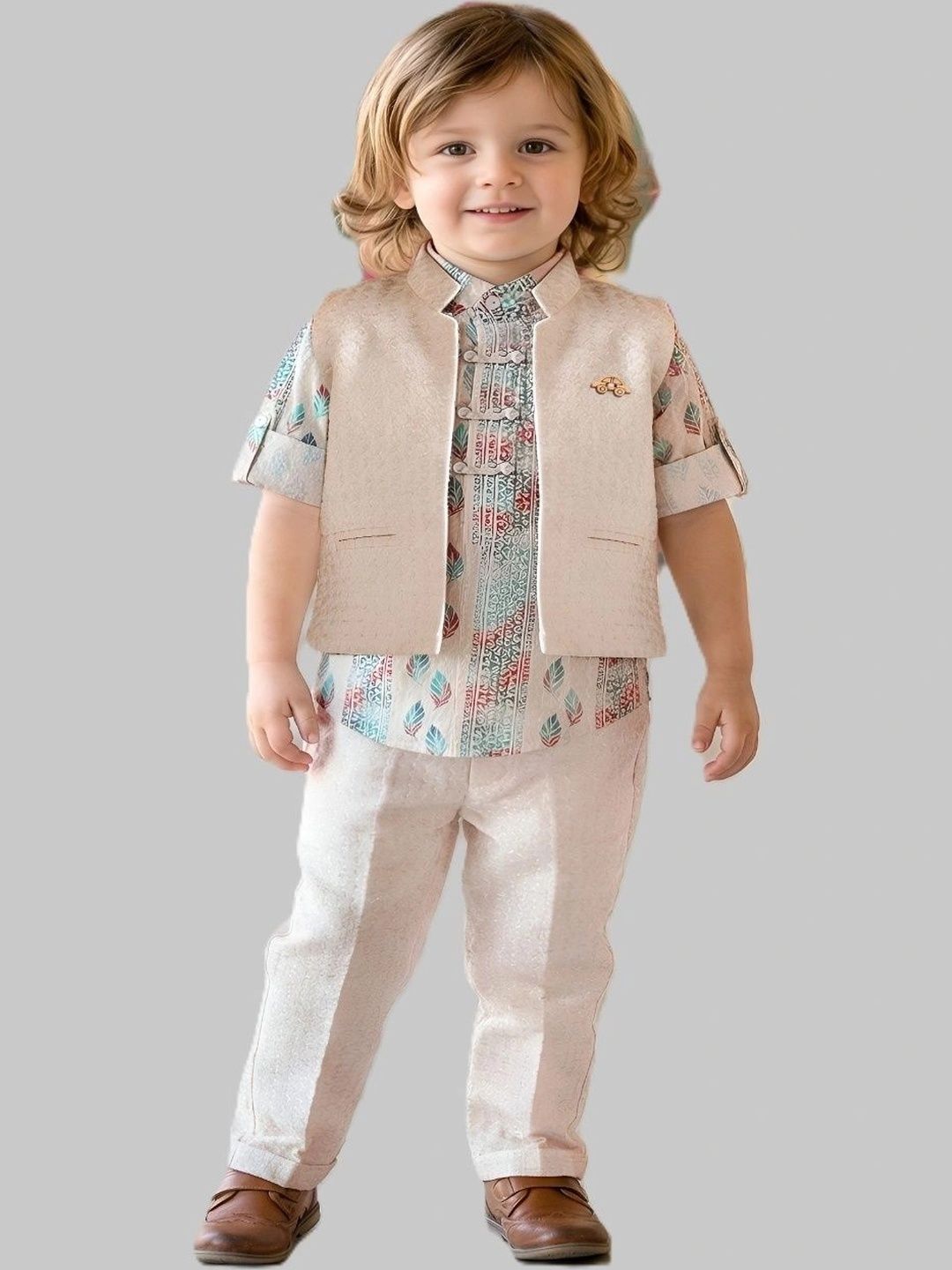 Axiom Kids Wear Boys Printed Mandarin Collar 3 Piece Suits-picture-14