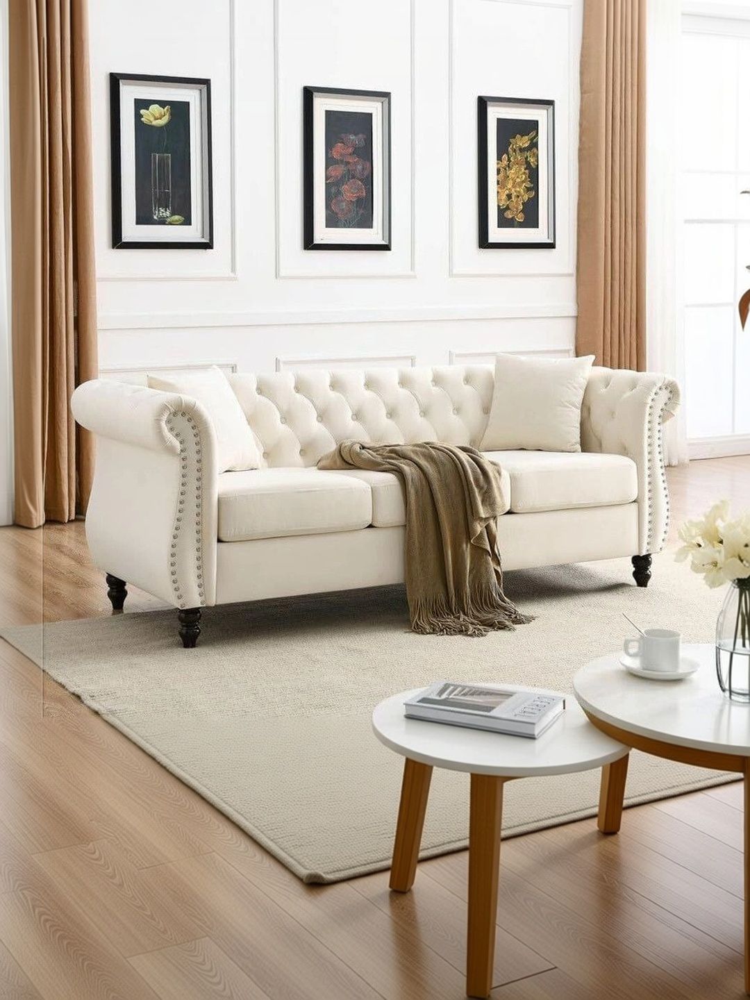 INDIAWOODMART Beige Fabric Wooden 3-Seater Sofa-picture-0