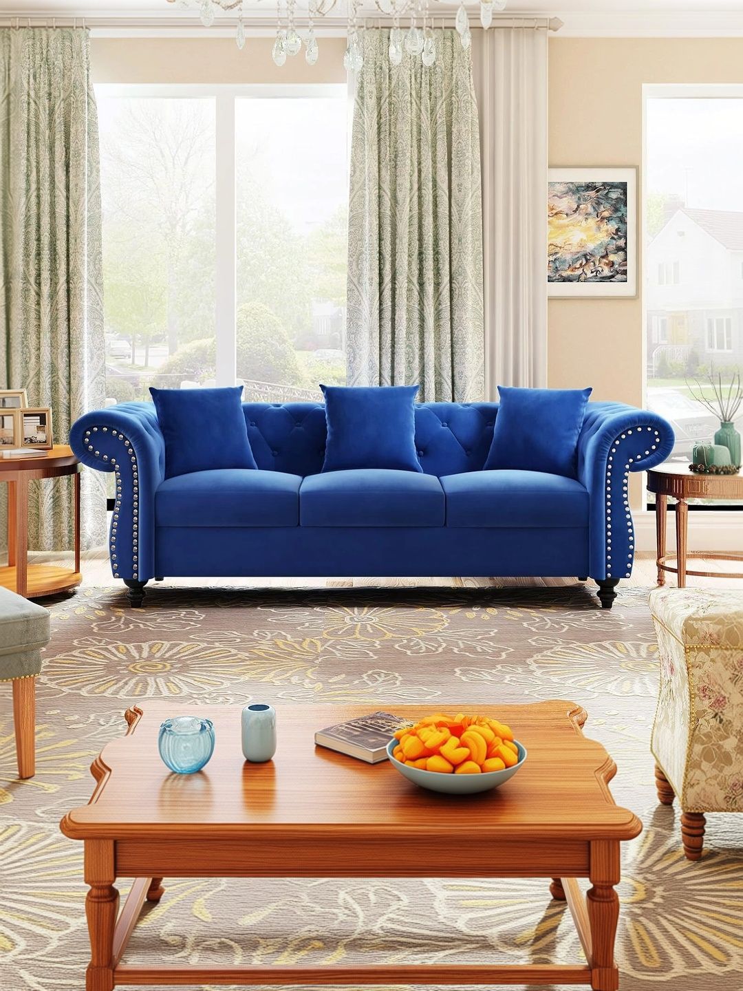 INDIAWOODMART Blue Fabric Wooden 3-Seater Sofa-picture-19