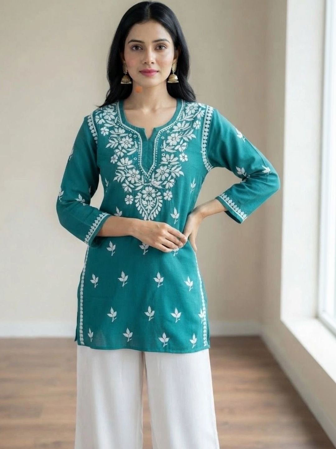 ZREMA Floral Embroidered V-Neck Chikankari Handloom Chikankari Kurti-picture-50