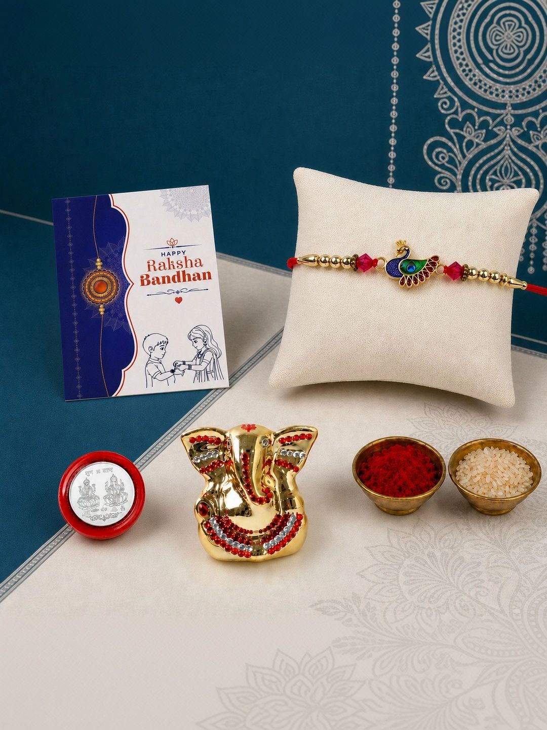 Myntra Elegant Homes Set of 6 Rakhi Gift Set With Silver Coin, Greeting Card & Roli Chawal-picture-43