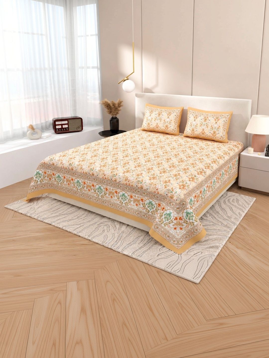 SWITCHON Beige & Orange 300 TC Bedsheet with 2 Pillow Covers-picture-3
