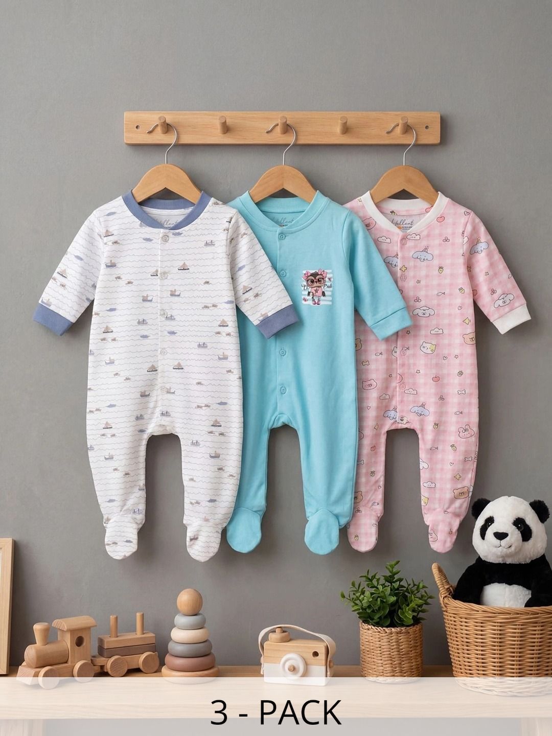 HELLCAT Infants Boys Pack Of 3 Printed Cotton Sleepsuit-picture-17