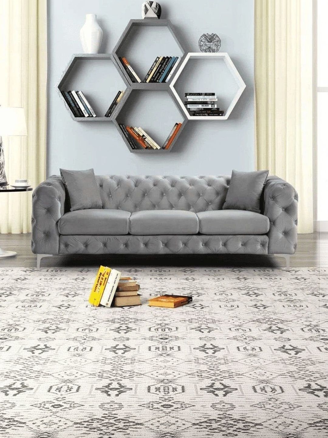 INDIAWOODMART Grey Fabric Wooden 3-Seater Sofa-picture-34