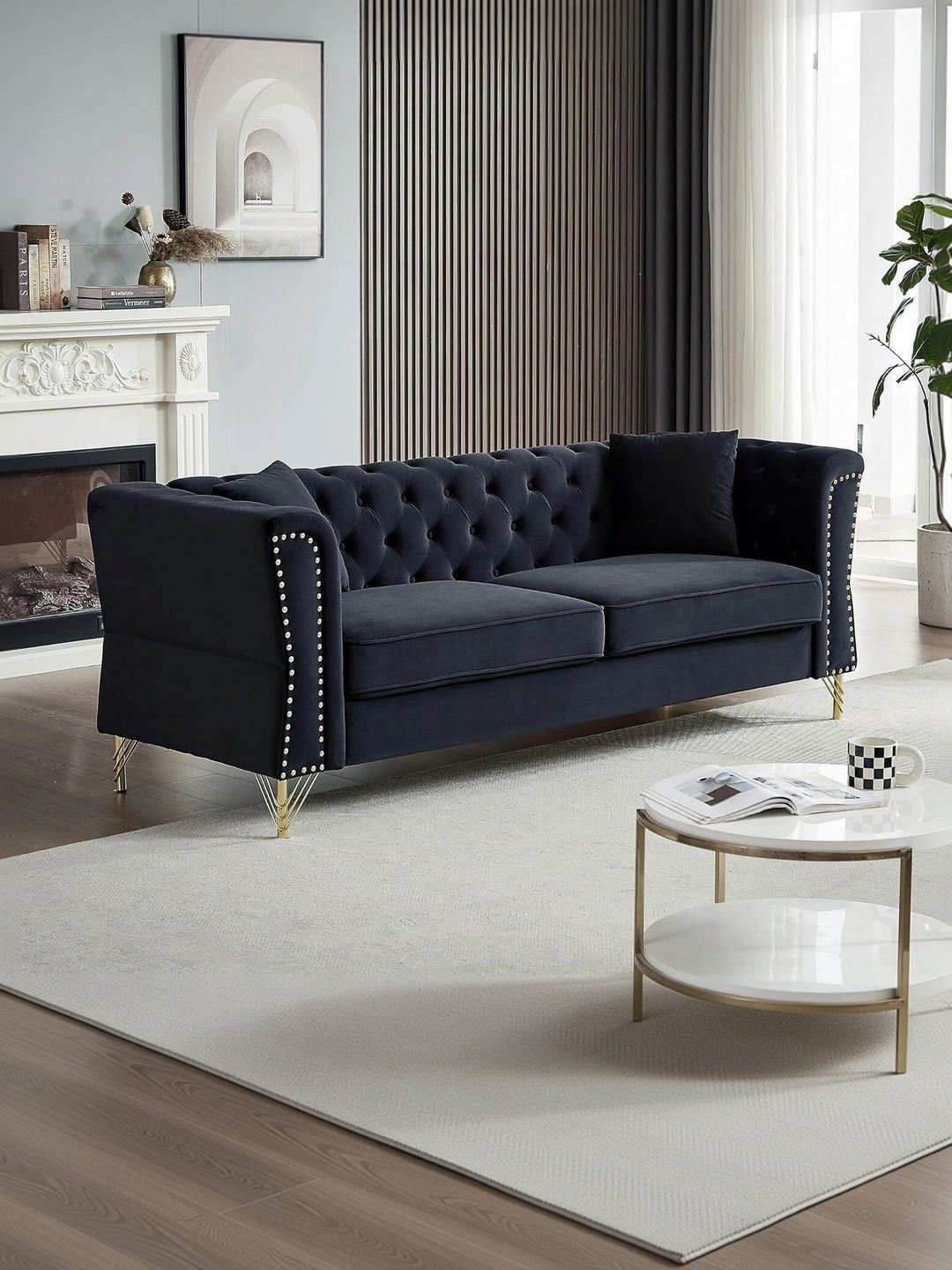 INDIAWOODMART Black Velvet 3 Seater Sofa-picture-0